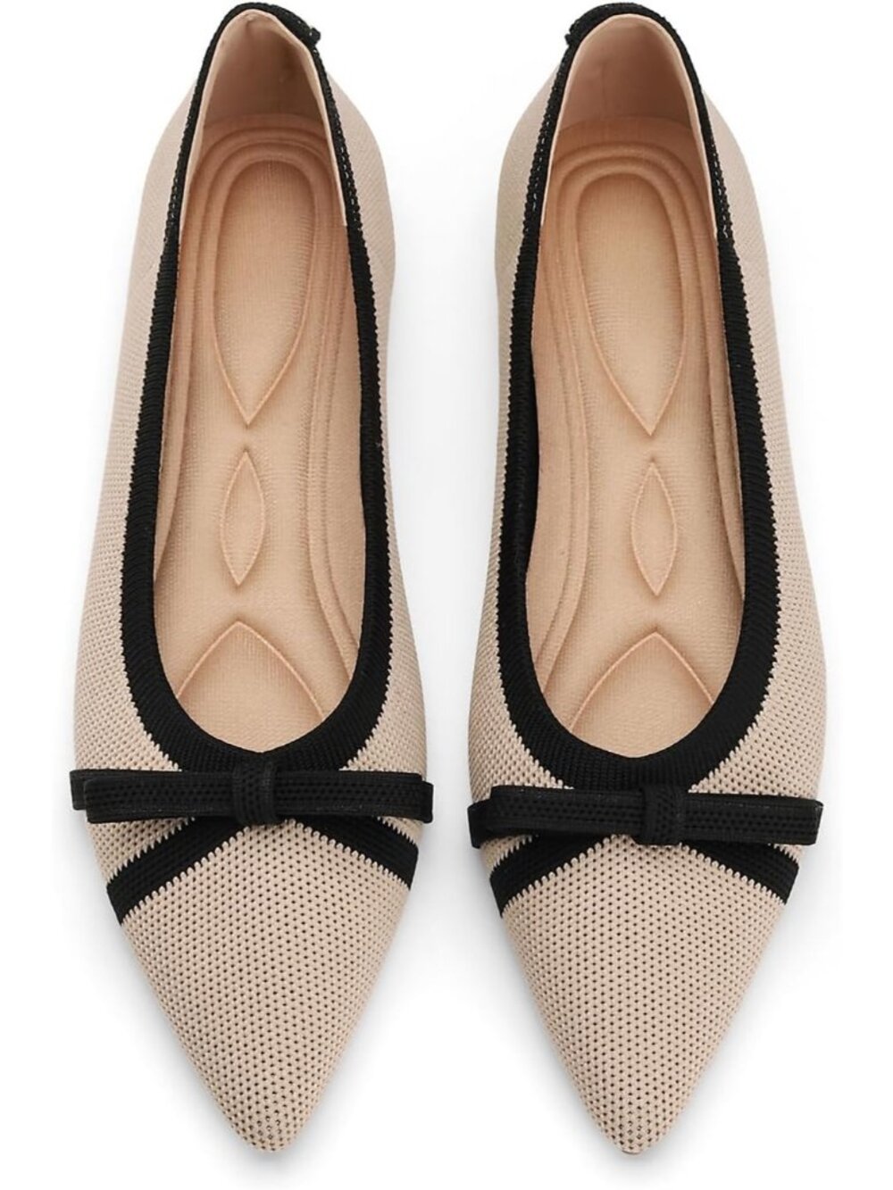 Women's Beige Black Pointed Toe Knit Foldable Comfortable Slip On Ballet Flats